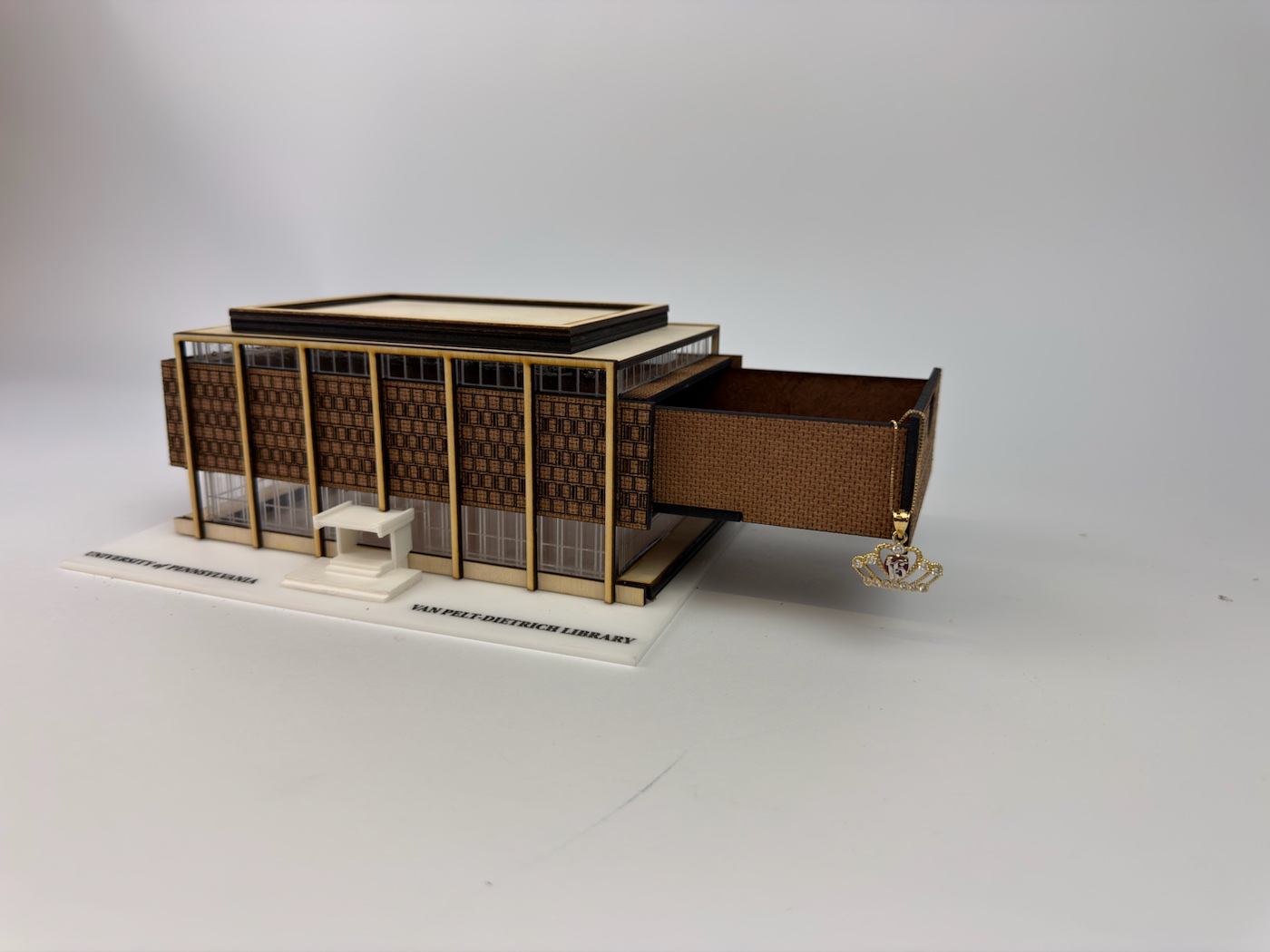 Van Pelt Library box viewed from the front-right with its right-side storage drawer pulled open
